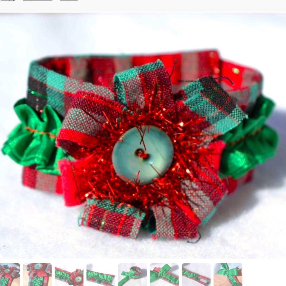 Bundle of 2 Tartan plaid red green handmade fabric cuff bracelets set Christmas